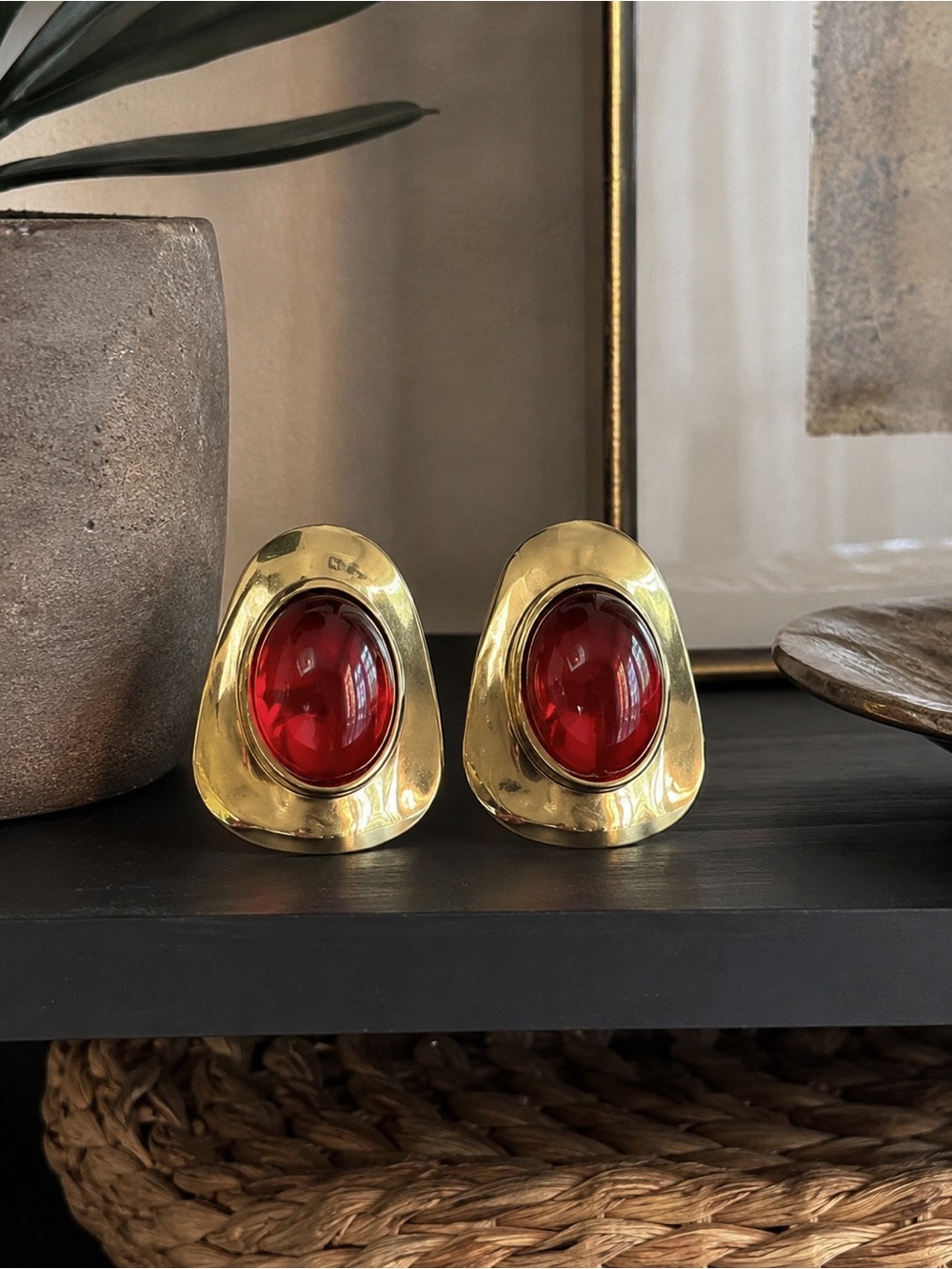 New Mayamar Gold dipped Earrings with Red statement Center